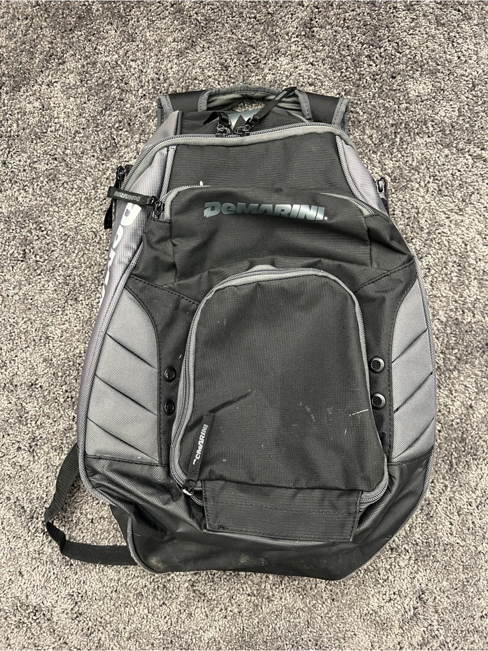 DeMarini Voodoo OG Backpack Black Gray Baseball Softball Zippers Pockets